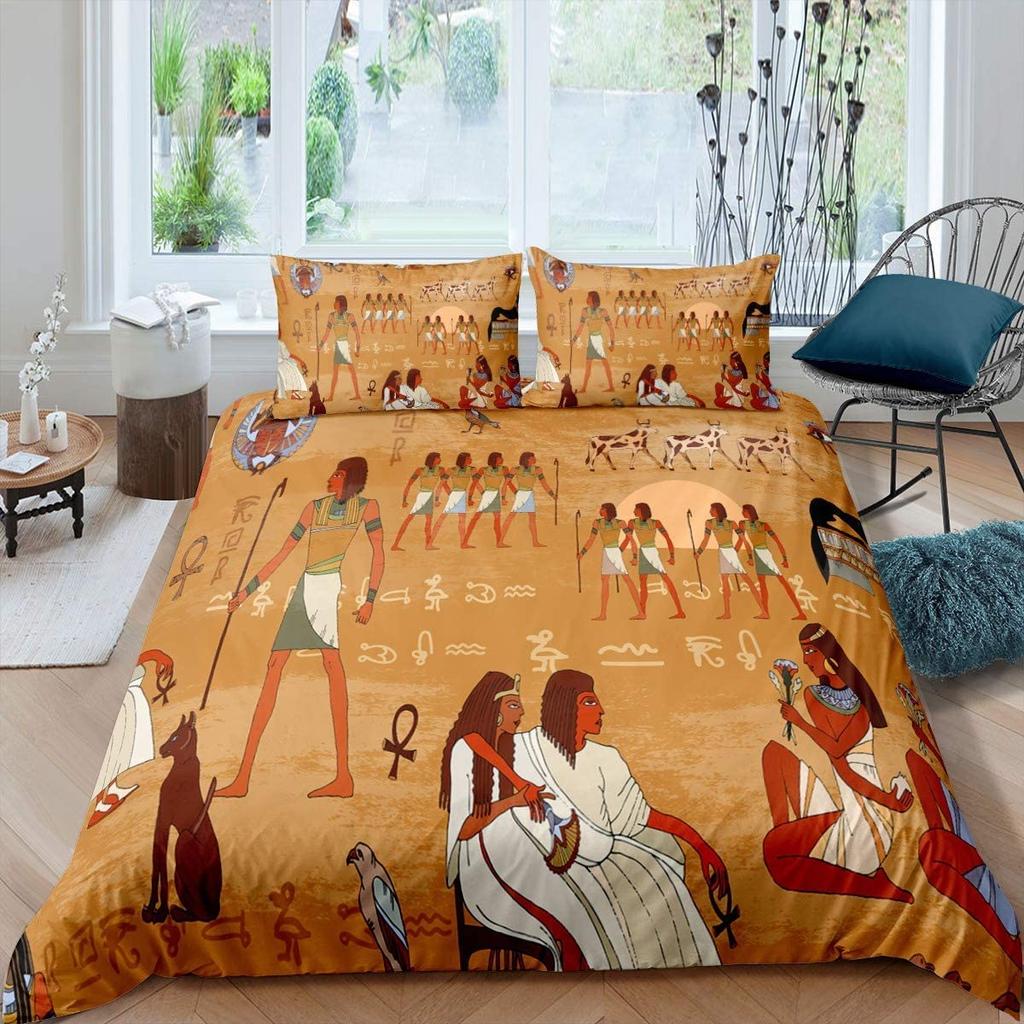 Ancient Egypt Duvet Cover Set Egyptian Symbol Bedding Set Vintage Pharaoh Pyramid Boho Tribal Polyester Quilt Cover 2/3pcs Queen