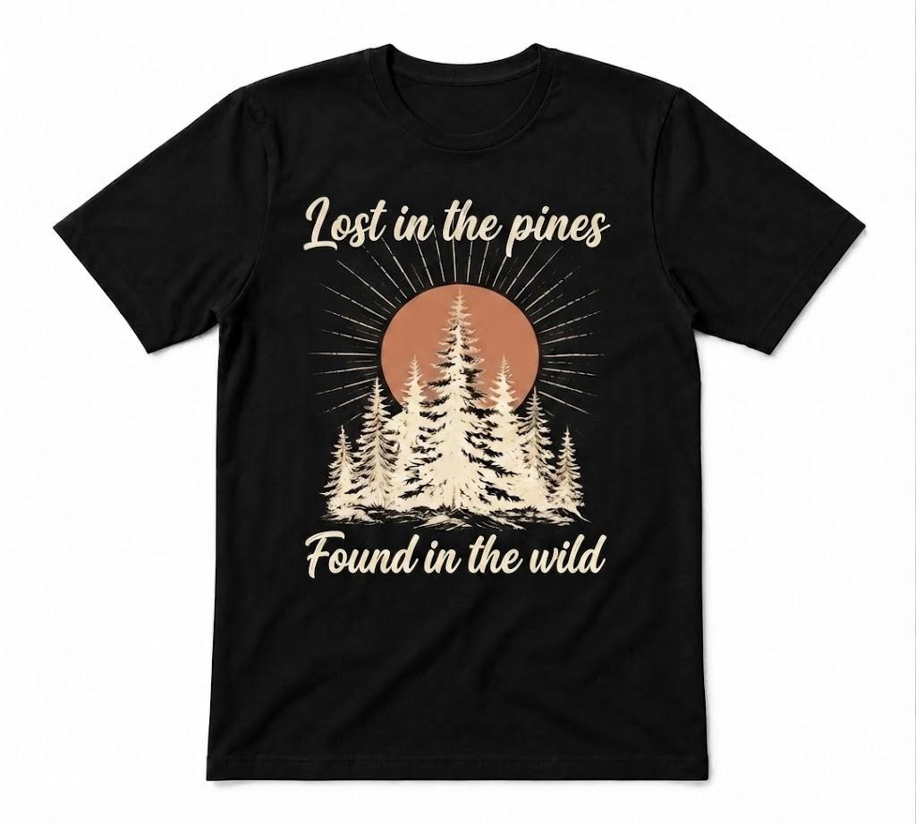 Lost In The Pines Found In The Wild Boho Sunset Forest Black T-shirt