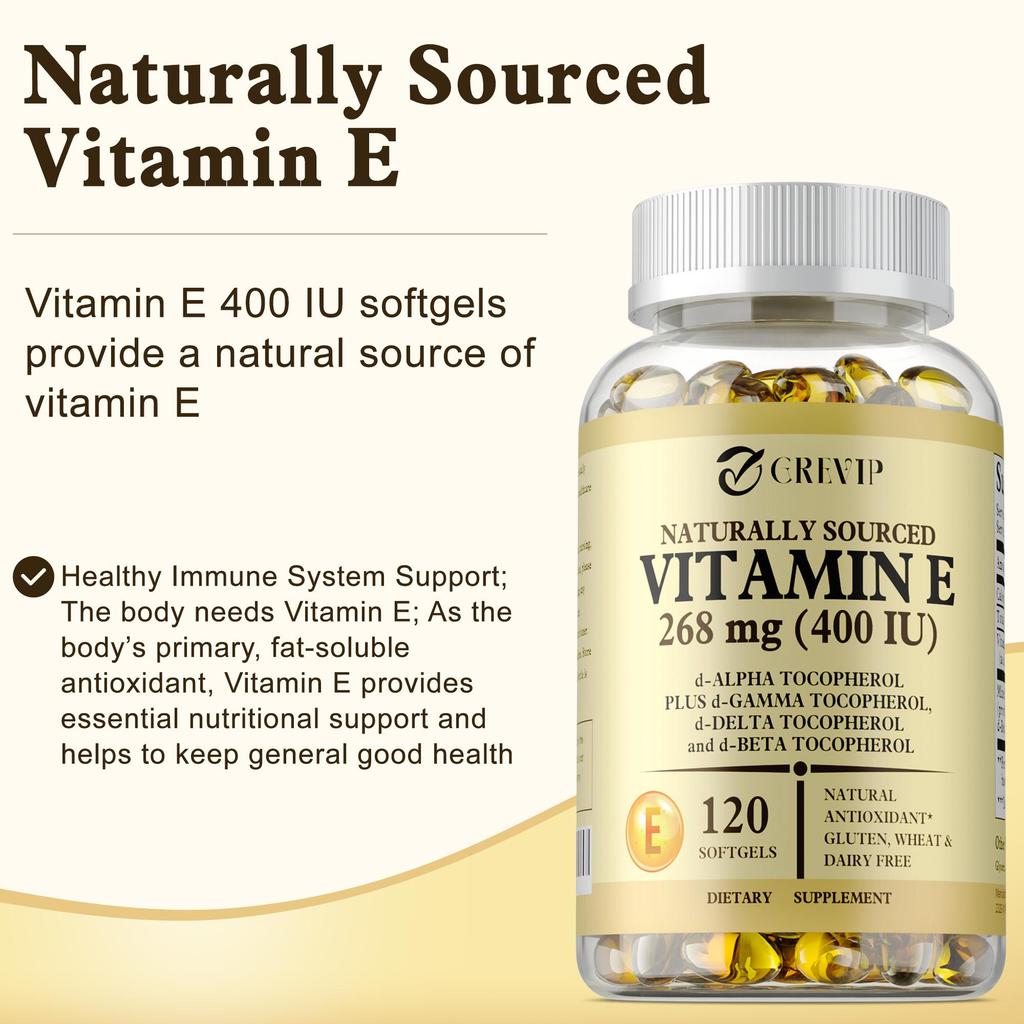 GREVIP Vitamin E Softgels support immune system health and skin nutrition.