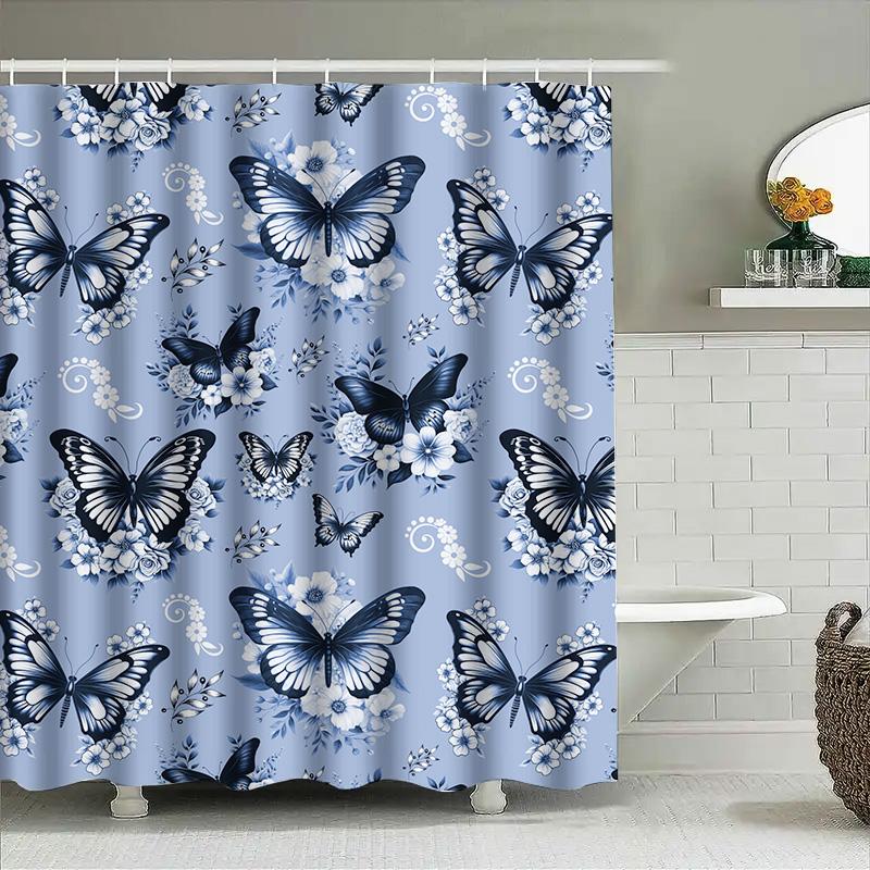 Classic Blue White Butterfly Bath Shower Curtain Set Decorative Shower curtain for Bathroom 3D Printed Waterproof Fabric Size:18