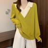 Autumn New Contrasting Color V-neck Fake Two-piece Lapel Top Loose Long-sleeved Coat Elegant Pullover