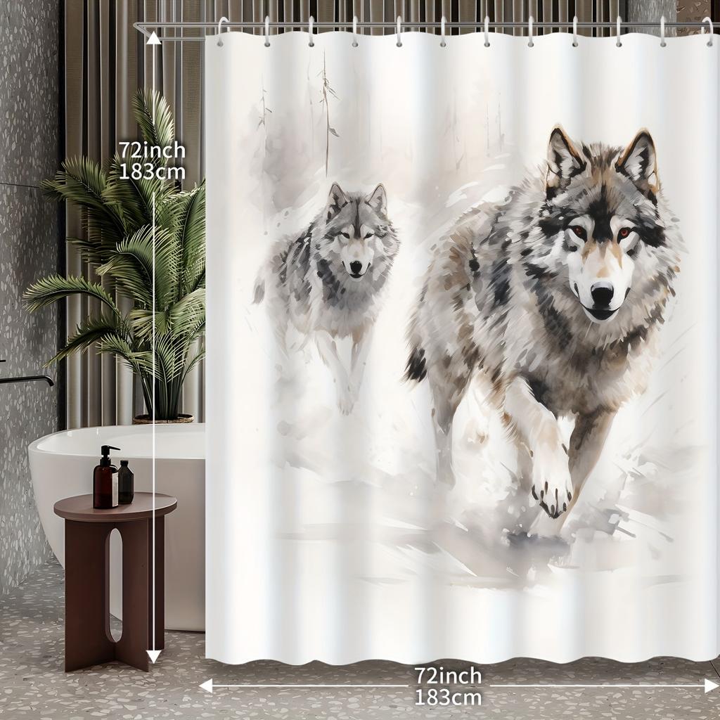 1pc Winter Snow Forest Wolf Bathroom Shower Curtain with 12 Hooks, Bathroom Decor, Bathroom Accessories