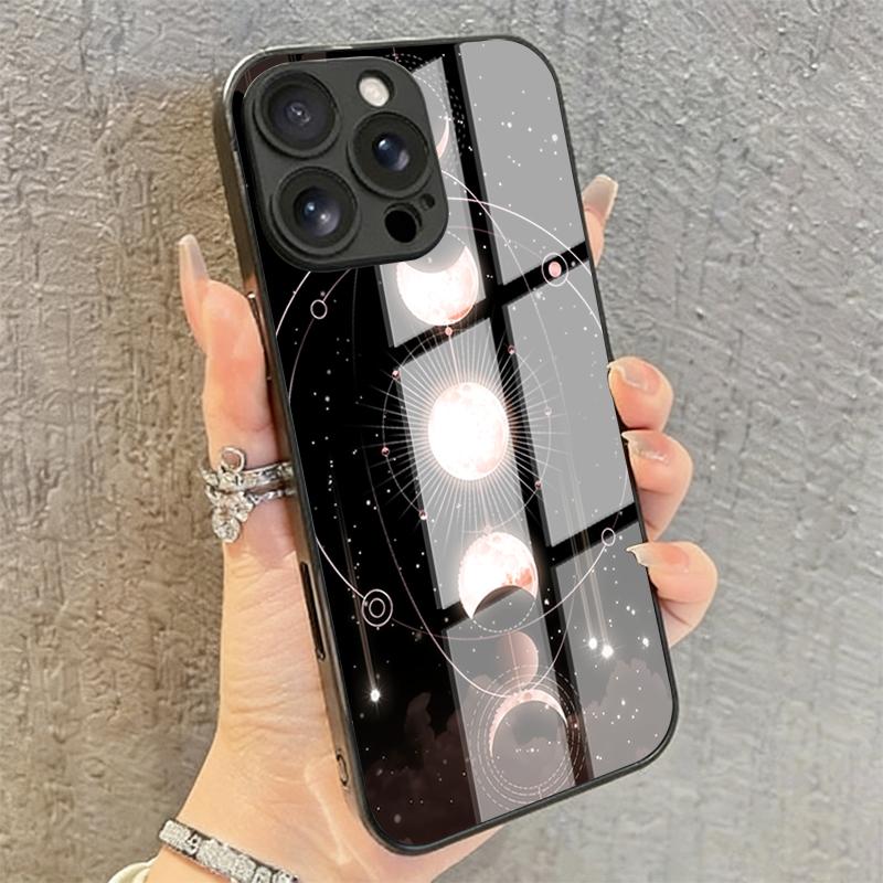 Pink Black Star Phase Moon Wheel Tempered Glass Phone Case for iPhone 17 Pro Max 14 15 16 Plus 13 12 11 X XS XR 16E 17Air Cover