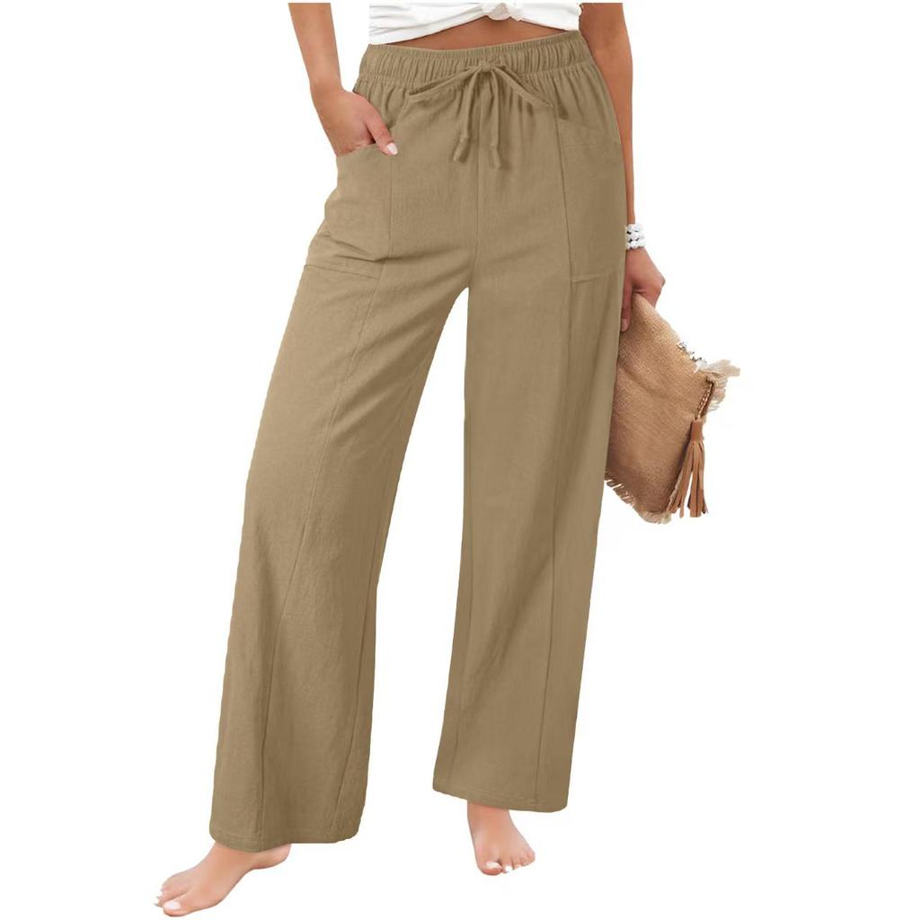 Women's Linen Cotton Drawstring Elastic Waist Wide Leg Pants Casual Loose Straight Leg Trousers with Pockets for Summer