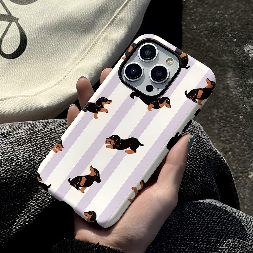 Sausage dog striped pattern 2-in-1 phone case suitable for iPhone 17 16 15 14 13 12 11 Pro/Max/Plus anti drop and shockproof