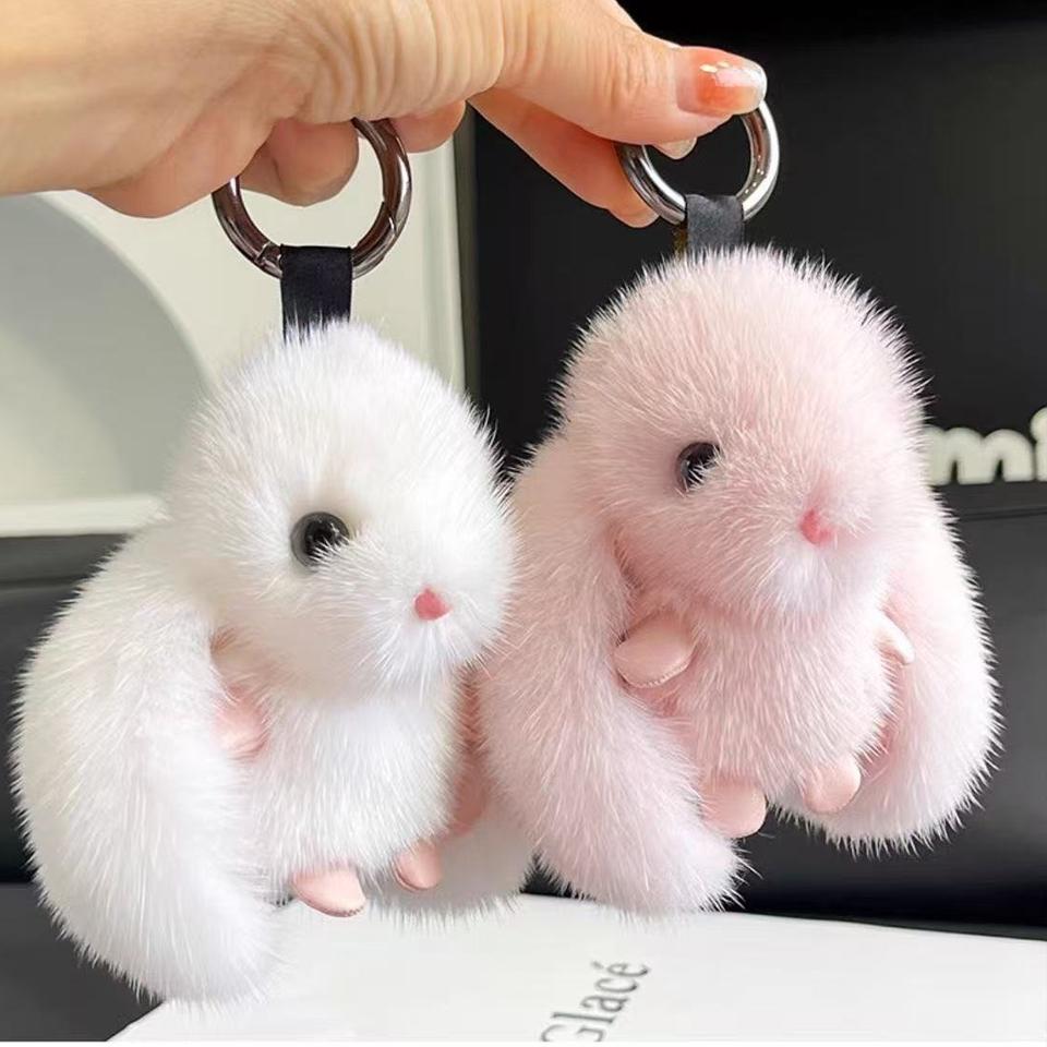 Cute Fluffy Rabbit Ring Plush Pompon Bunny Bag Pendant For Girls Car Jewelry Gifts Bag Charm
