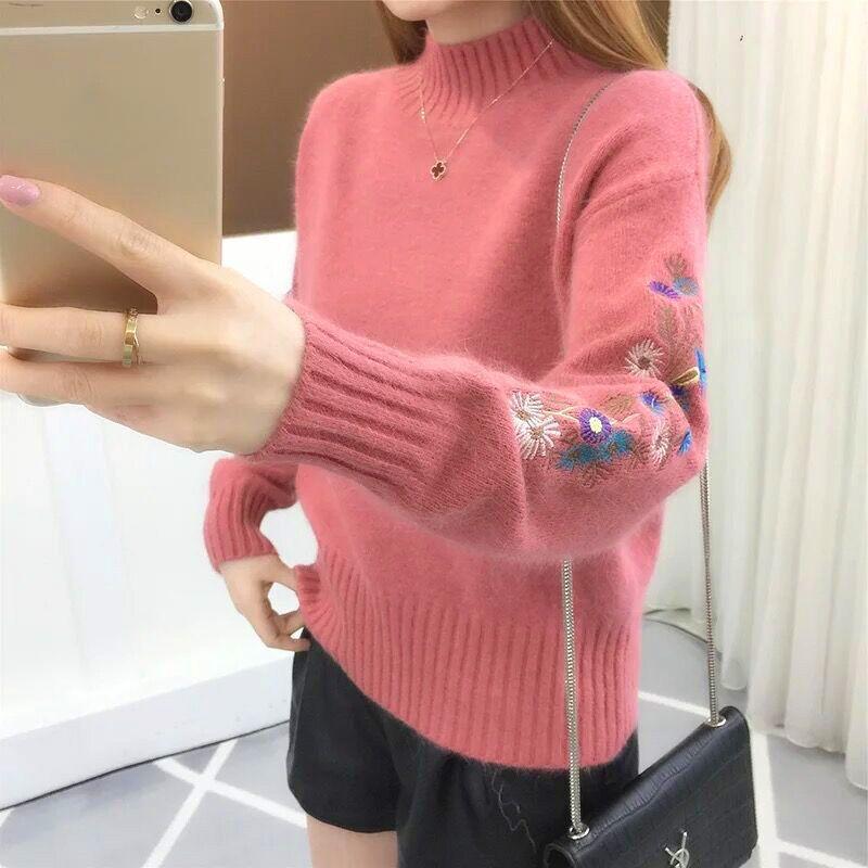 Women Knitted Sweater Floral Embroidery Thick Sweater Pullovers2023 Autumn Winter New Long Sleeve Turleneck Sweaters