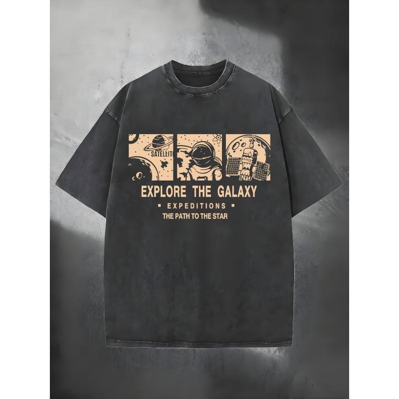 

Men s Vintage Washed T-Shirt with Explore The Galaxy Space Panel Print, Retro Soft Distressed Texture, Summer Essential Casual Short Sleeve Tee S чёрный