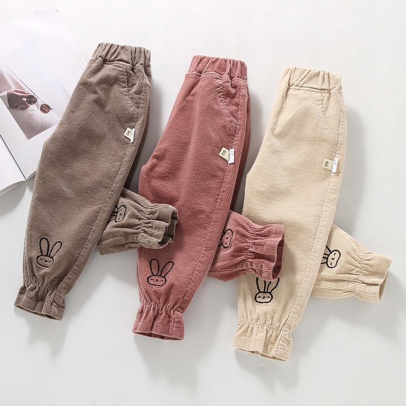 2024 Spring Korean Children's Corduroy Joggers - Big Ear Rabbit Design for Girls