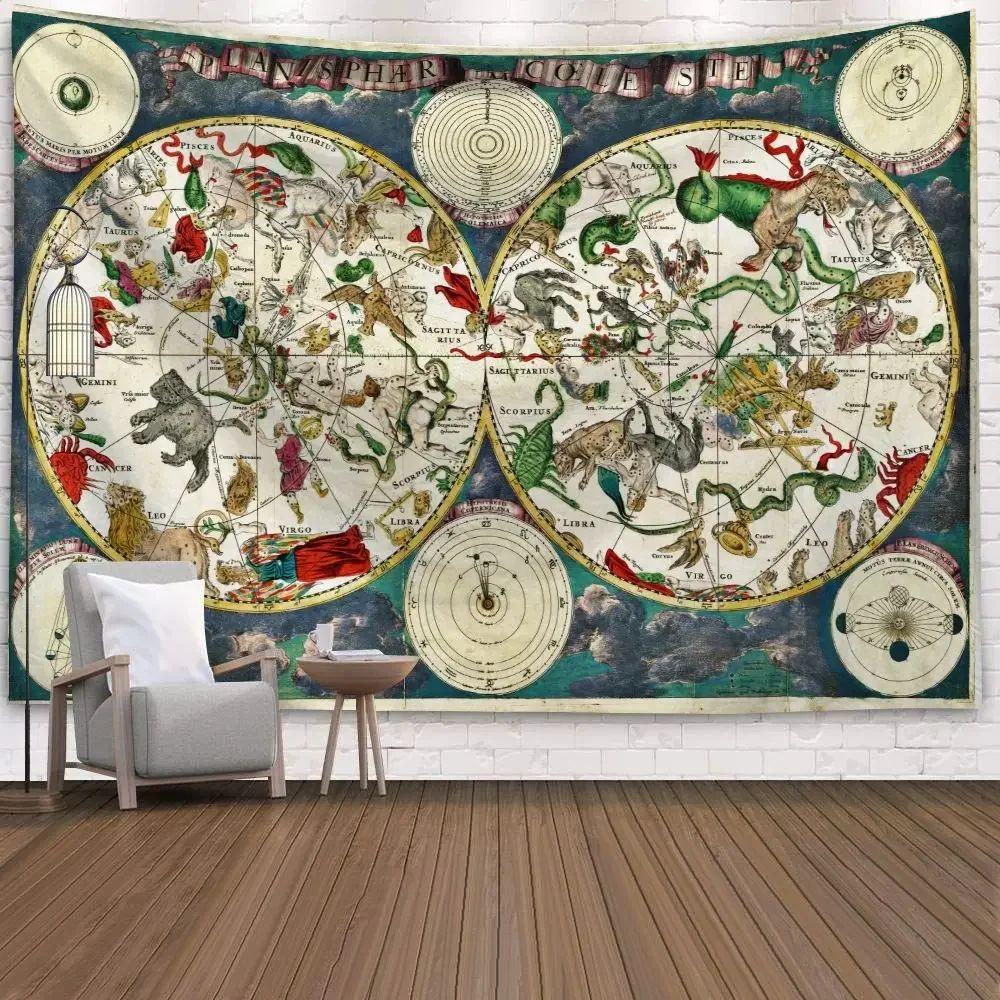 VIKAMA Vintage World Map Tapestry Living Room And Bedroom Decoration Tapestry Interior Wall Decoration Fabric