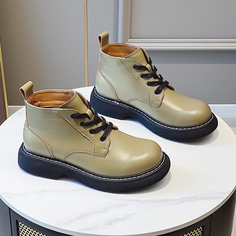 British style big head small leather shoes women's new retro muffin platform couple Korean version high-top short boots men