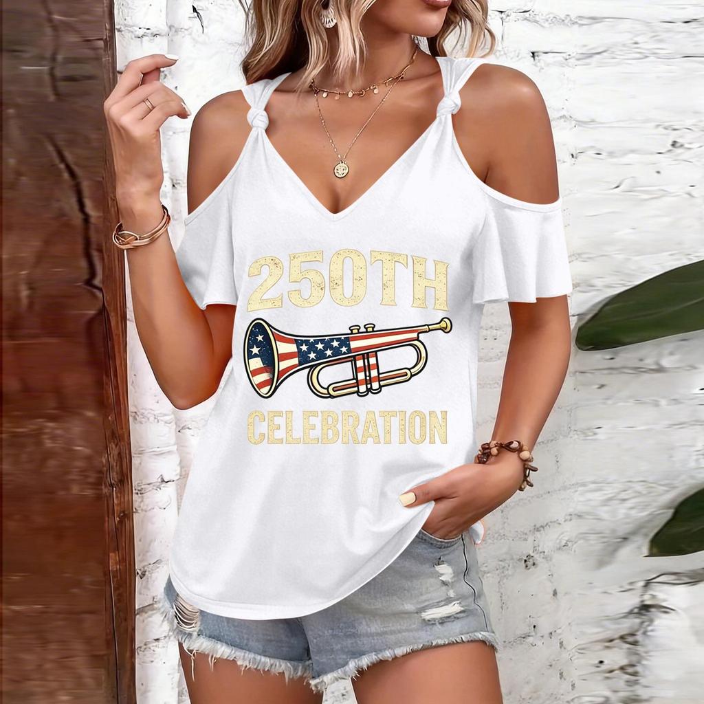 Women's Casual Cold Shoulder Short Sleeve T Shirt with 250th Celebration Print and Trumpet Graphic Loose Fit Round Neck Design