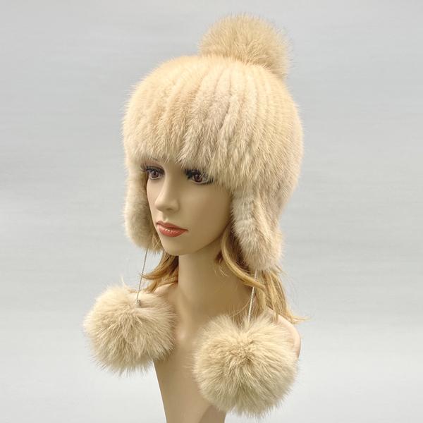 

Вязаные шапки из меха норки для женщин, шапка с помпоном из лисы, зимняя теплая однотонная шапка из натурального меха, 2 помпона, с ушками, стильная шапка-ушанка бежевый