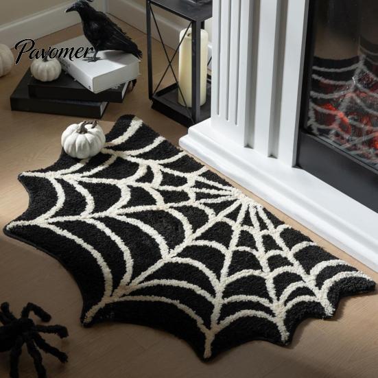 Decorative Halloween Rug Spider Web Bath Mat, Gothic Bathroom Rug, Non-slip Indoor Outdoor Porch Black Bat for Home Entrance Bedroom Decor Non