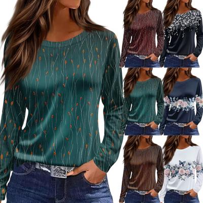 Women's Fashion Casual Slit Hem Round Neck Long Sleeve Loose Printed T-Shirt Ladies Top