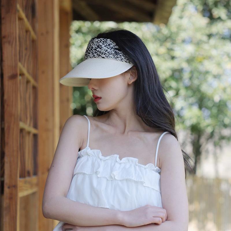 Dámský slunečník slaměný klobouk: Ochrana proti UV záření celého obličeje, Prodyšný, Zeštíhlující obličej, Design topless pro cestování v přírodě