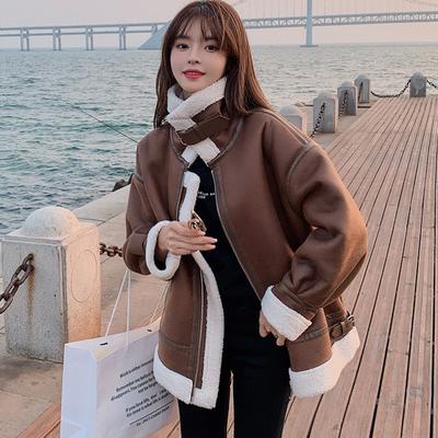 2023 Autumn and Winter Lamb Wool Coat Fur One Plus Velvet Thickened Grain Velvet Motorcycle Clothing