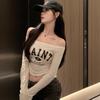 One-word Collar Off-shoulder Sexy Collarbone Low-neck Short Open-button Tight-fitting Long-sleeved T-shirt Women's Slim Print Live Streaming Host Top