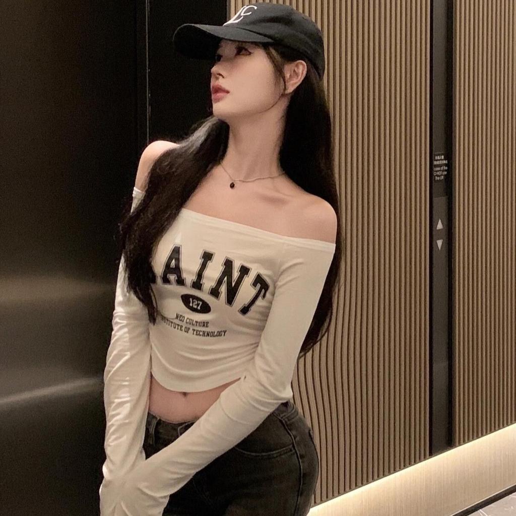 One-word Collar Off-shoulder Sexy Collarbone Low-neck Short Open-button Tight-fitting Long-sleeved T-shirt Women's Slim Print Live Streaming Host Top