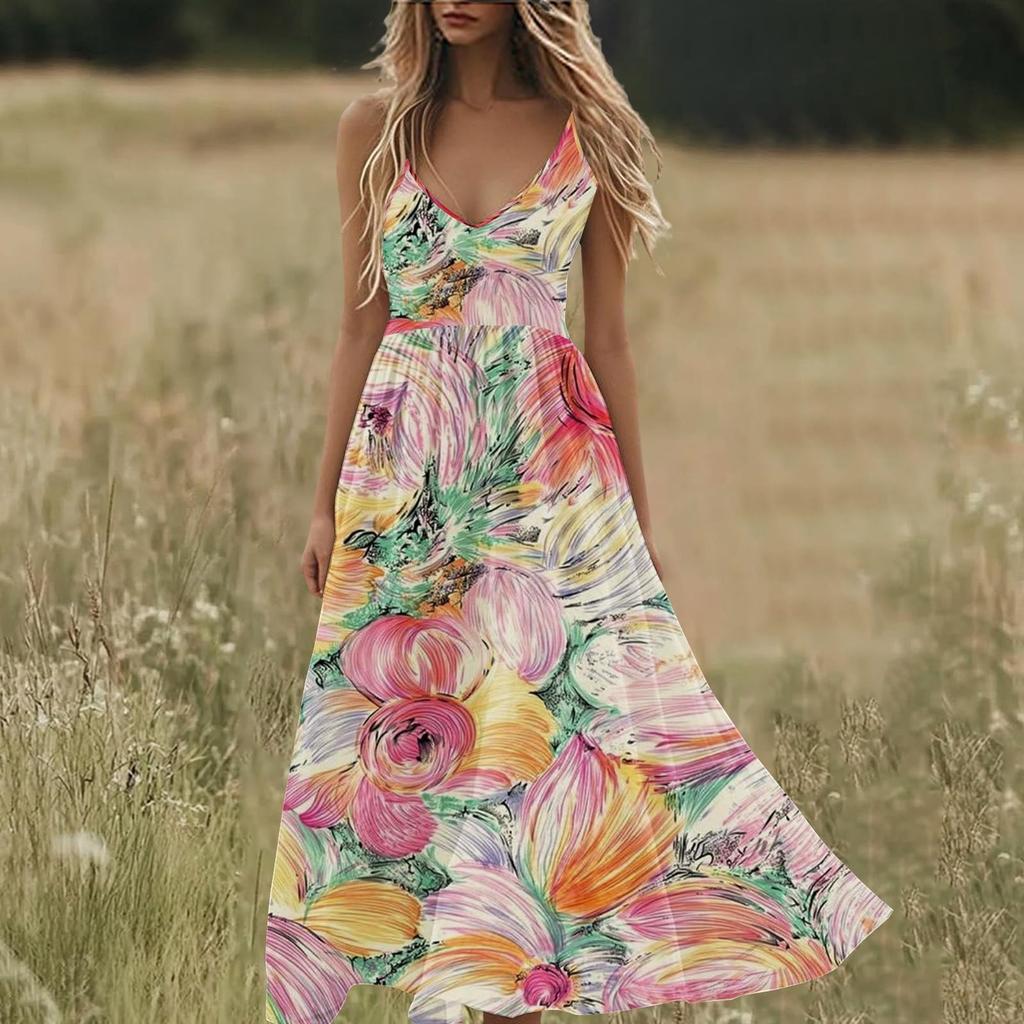 Boho Summer Dresses V Neck Floral Printed Sundresses, Beach Trendy Airy Dresses For Women