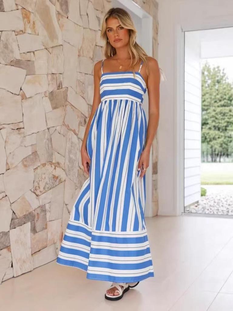 Spring/Summer 2024 Striped Off-Shoulder Wide-Hem Camisole Dress - Fresh Casual Vacation Style