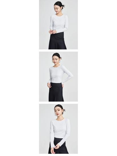 She Exhibition Women's Cotton Round Neck Long Sleeve T-shirt, 2025 Autumn/Winter Style Base Layer Top.