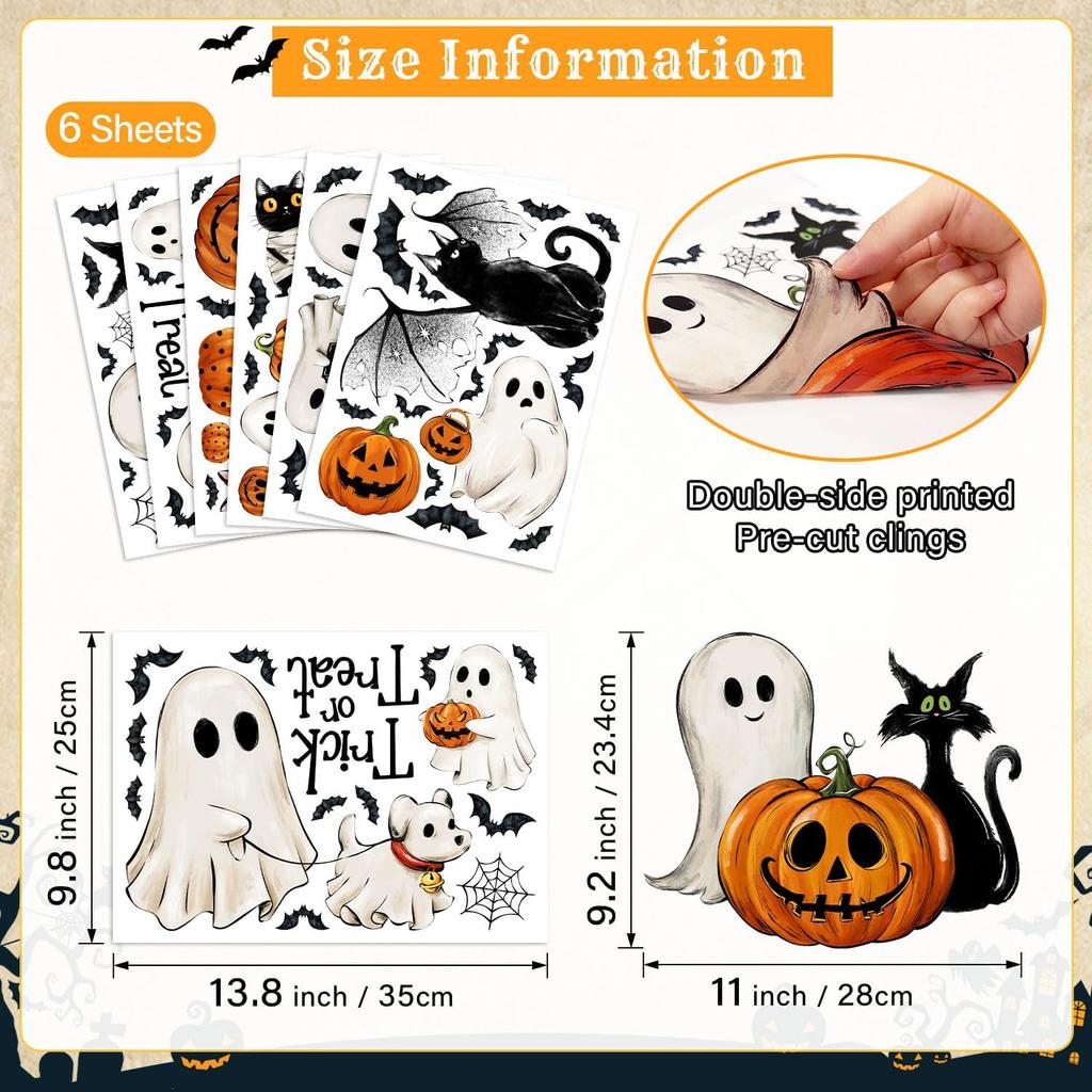 87 PCS Halloween Window Clings Ghost Decals Decor, Vintage Ghost Evil Pumpkin Bat Black Cat Reble Window Stickers for Halloween Party Supplies Home