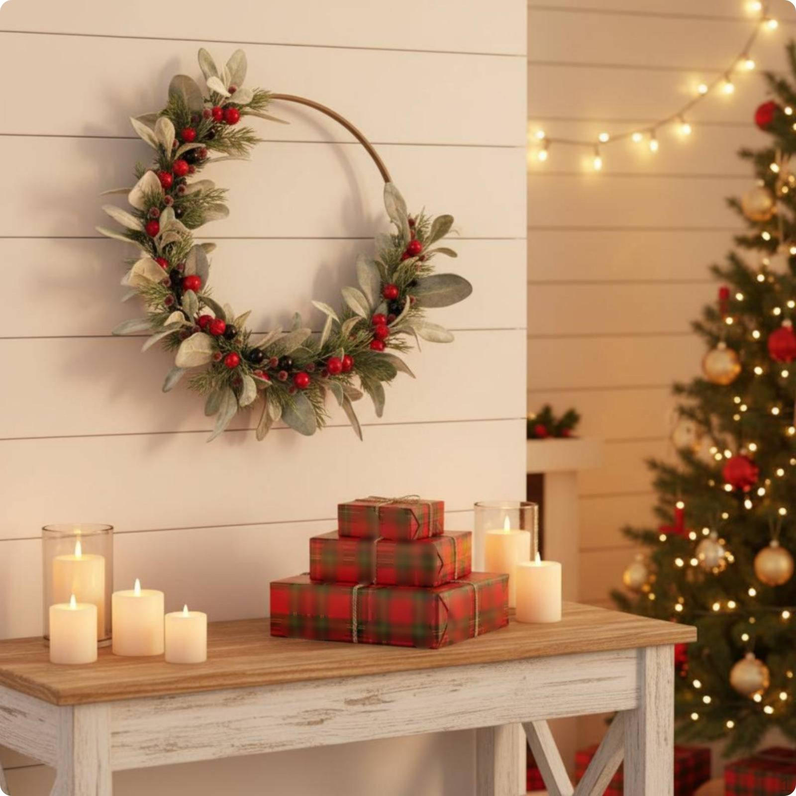 Christmas Wreath Reusable Woodland Sprig Easy to Hang Holiday Decoration for Entryway, Wall