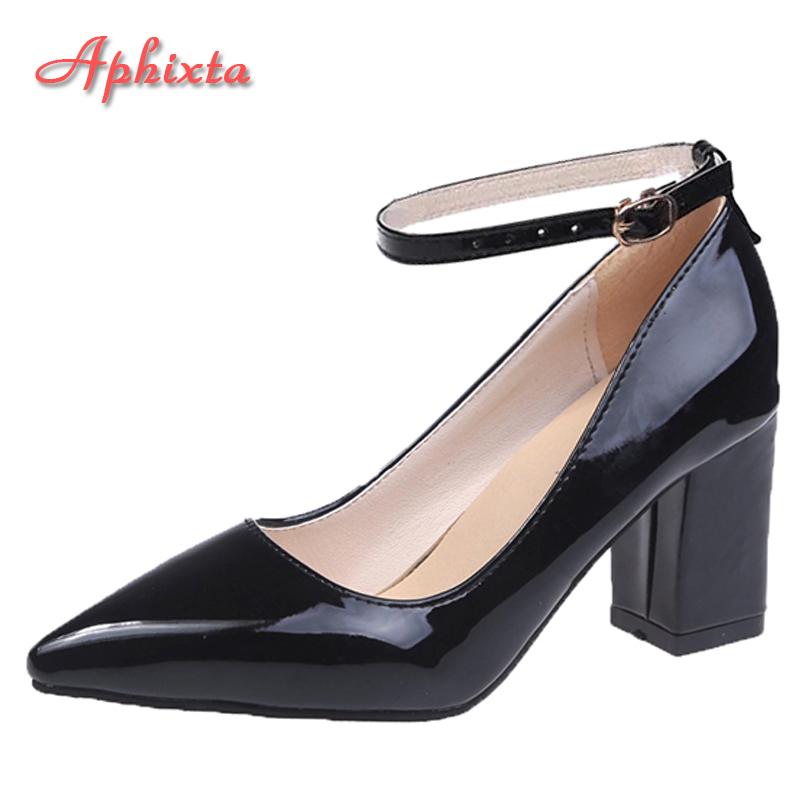 Fashion Aphixta New 2.75Inch Pimp Buckle Patent Leather Shoes Women Pumps Leisure Red Fashion Official Pointed Toe Plus Size 50