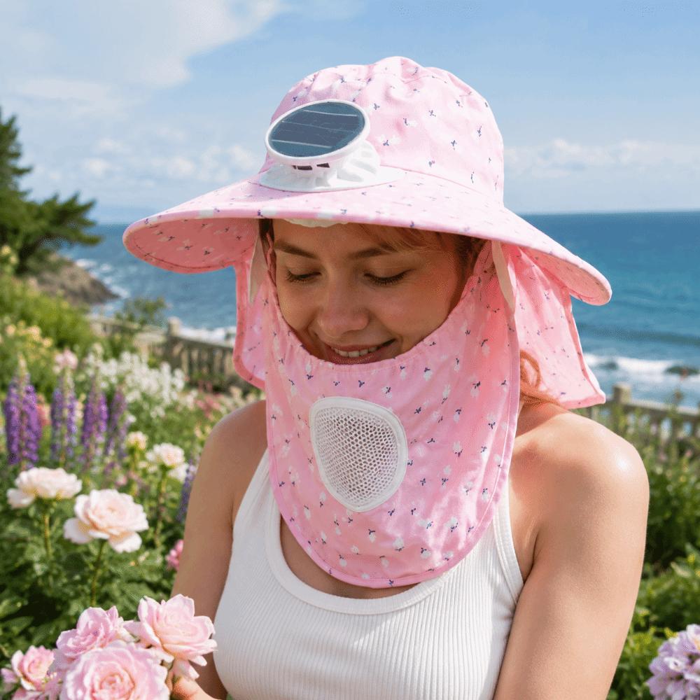 Breathable Solar Fan Hat UV Protection Elastic Wide Brim Fan Hat with Face Cover Adjustable Cooling Sunshade Hat Camping