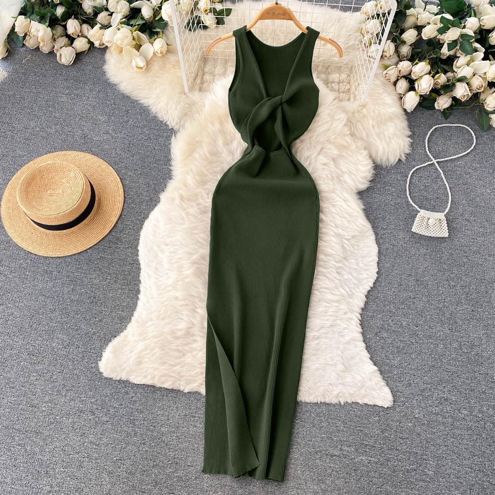women's Ribbed Knit Maxi Dress Sleeveless Bodycon Split Hem Two Way Summer Long Dress
