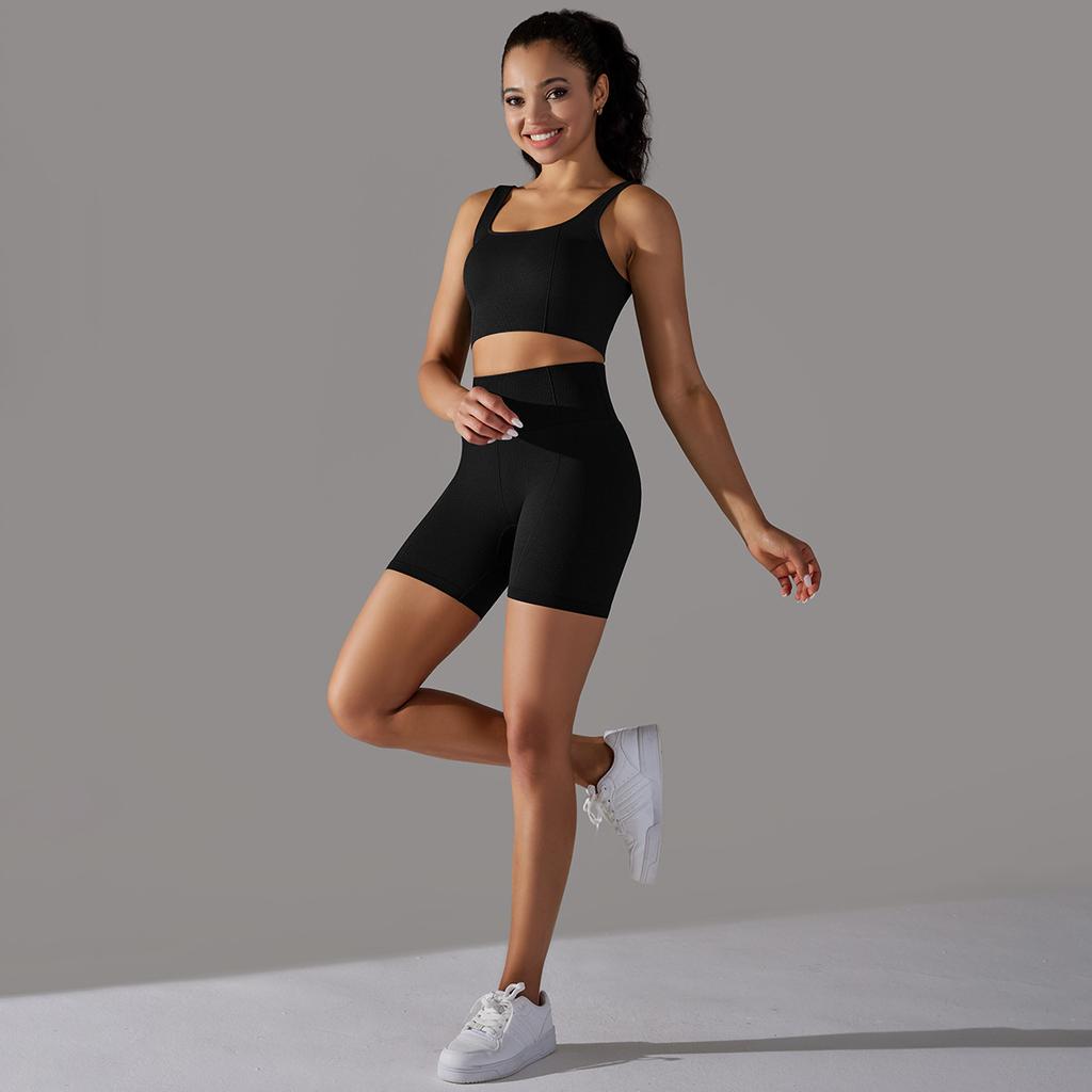 Nessaj Women Sleeveless Tummy Running Sportswear Push Up Short Shorts Fitness Bra Seamless High Waist Yoga Set