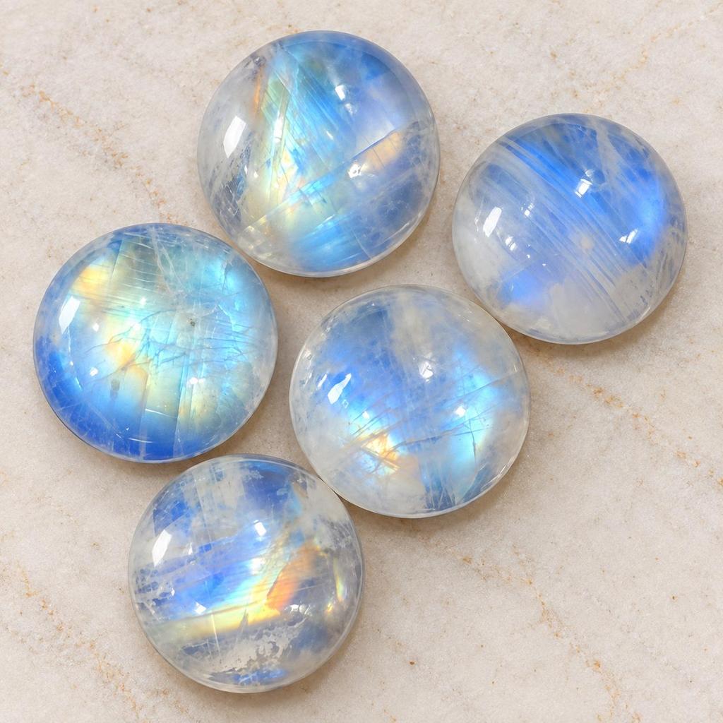 Rainbow Moonstone Round Cabochon Loose Gemstone 12mm 5 Pcs , Blue Flash Moonstone Stones for Jewelry Making
