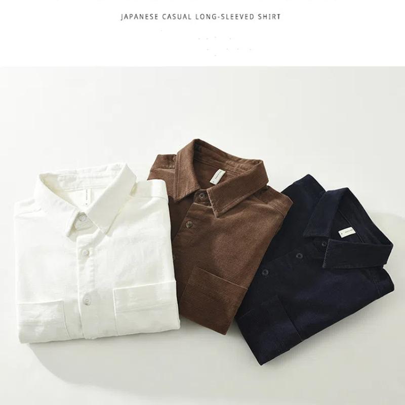 Spring/Autumn Long Sleeve Shirts for Men Vintage Japanese Style Corduroy Shirt Loose Top Square Double Pocket Casual Shirts