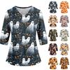 Women's Costume Halloween Printed V-Neck Top with Pockets and Side Slits, 3/4 Sleeves