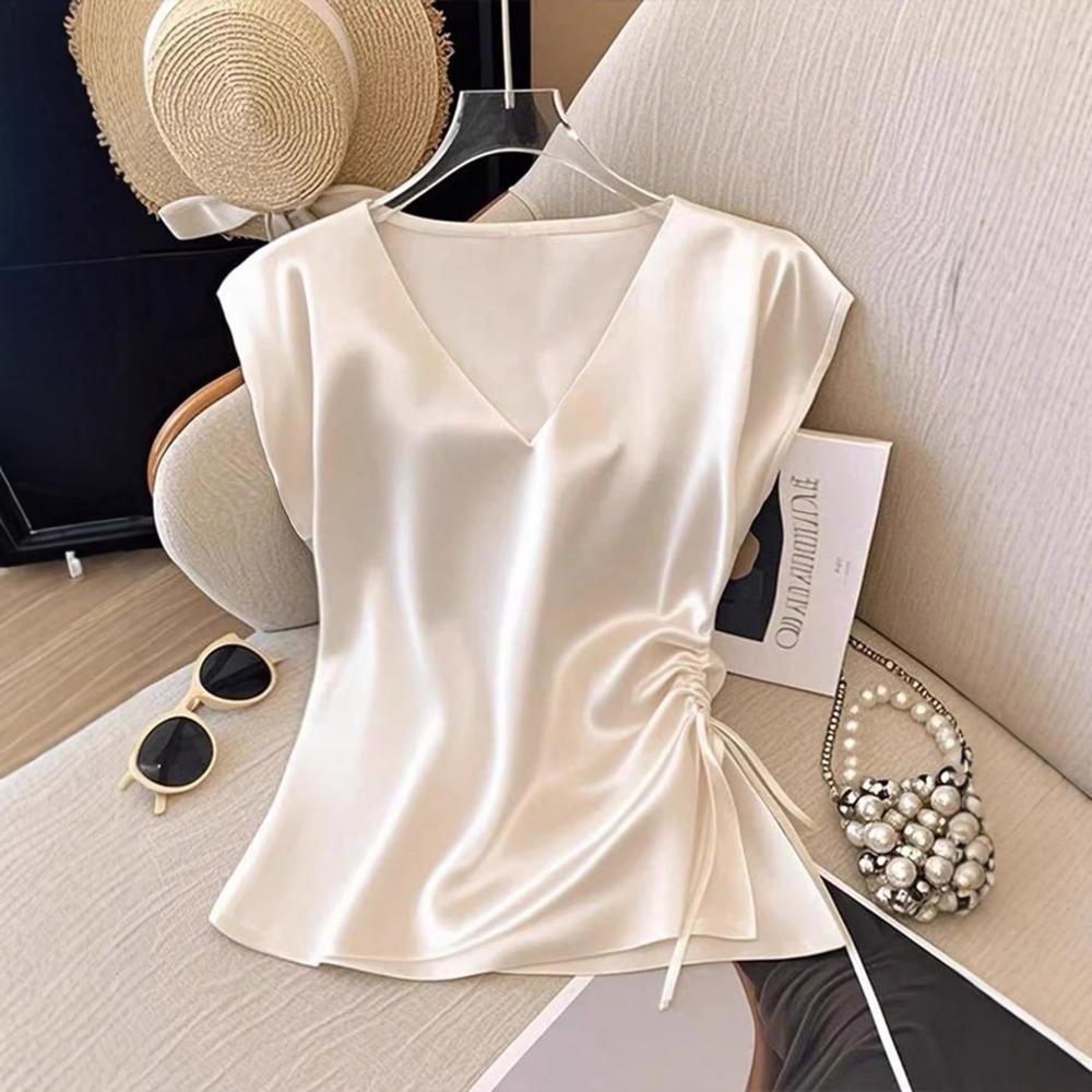 Einfarbige Satin-Kurzarm-T-Shirt-Bluse für Damen, Sommerlich Dünn und Stilvoll, V-Ausschnitt, Slim Fit