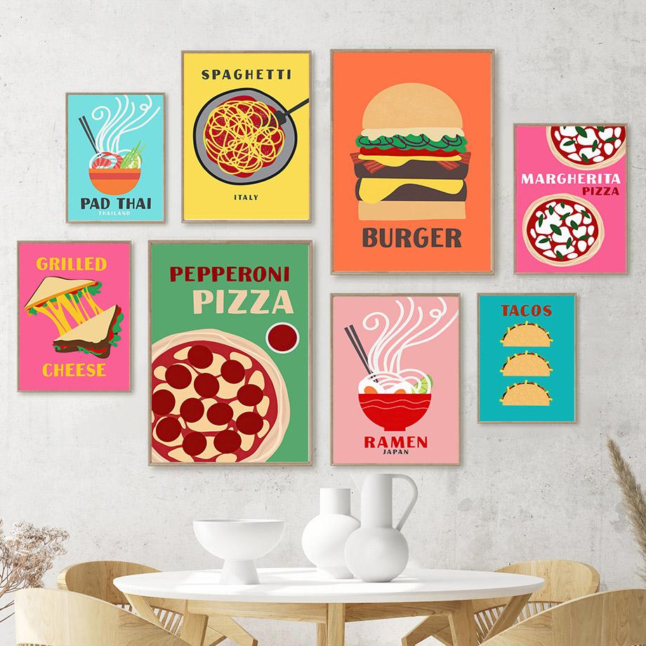 Pizza Ramen Tacos Burger Spaghetti Grilled Cheese Posters Prints Canvas Painting Nordic Wall Art Pictures Kitchen Room Decor