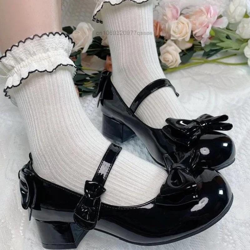 Fashion 2025 Lolita Style Cute Round Head  Jane Pumps With Bow Women's Sweet Party Dress Midi Heels Shoes Fashion PU Sandals
