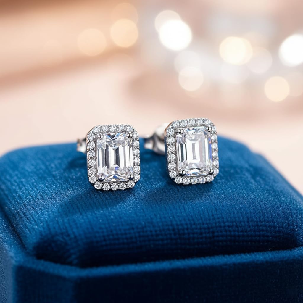 Women's Moissanite Earrings in Sterling Silver (925), Hypoallergenic, Simple, 2.0ct Total Weight, Emerald Cut, D Color, VVS1, GRA Certificate Included
