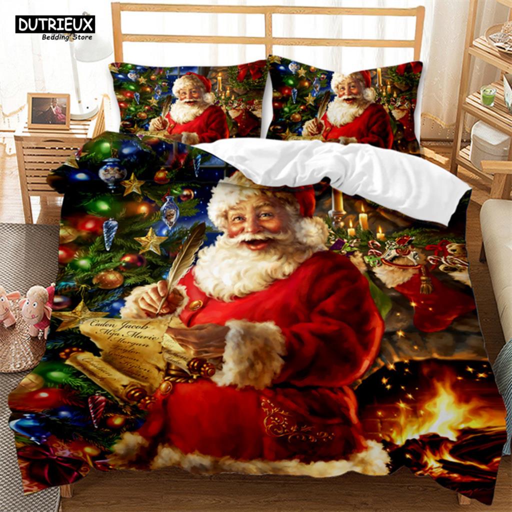 Christmas Santa Duvet Cover Set Winter Theme Cartoon Bedding Set Microfiber Santa Claus Elk Carriage Comforter Cover Girl Boy