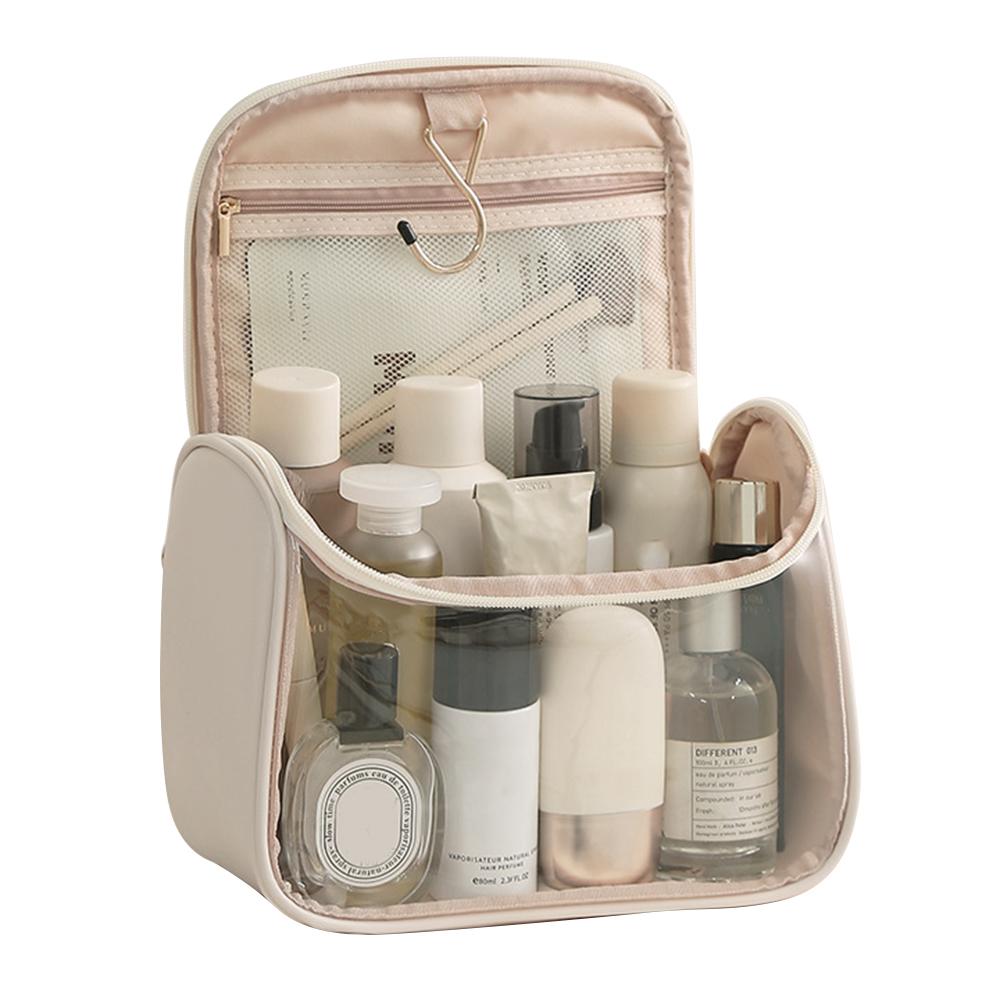 HK8297 Waterproof Clear Design Makeup Bag Large Capacity Cosmetic Bag PU Leather+PVC Travel Toiletry Organizer with Portable Handle Strap