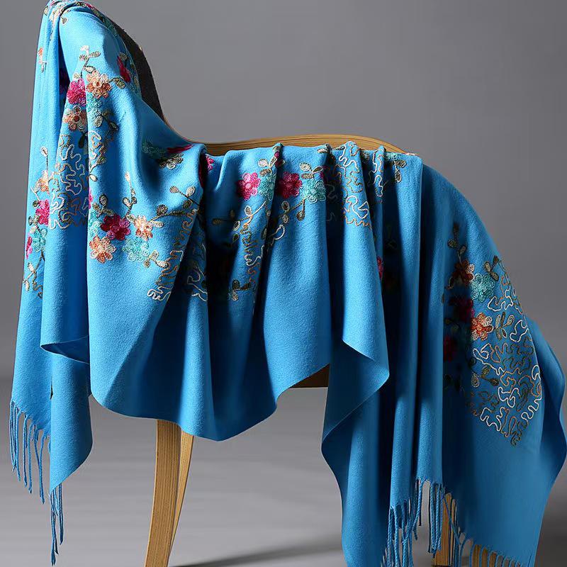 300g Faux Cashmere Embroidered Plum Blossom Scarf, Women's Ethnic Travel Wrap - Warm New Year Holiday Shawl