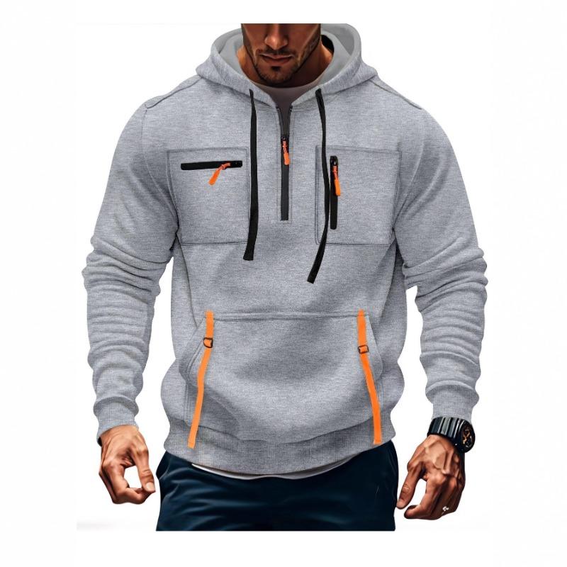 2025 Hoodie Men's Sweatshirt Fashionable Zipper Pocket Simple Solid Color