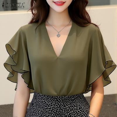 Blusa Feminina Casual Decote V Babados Manga Curta Solta