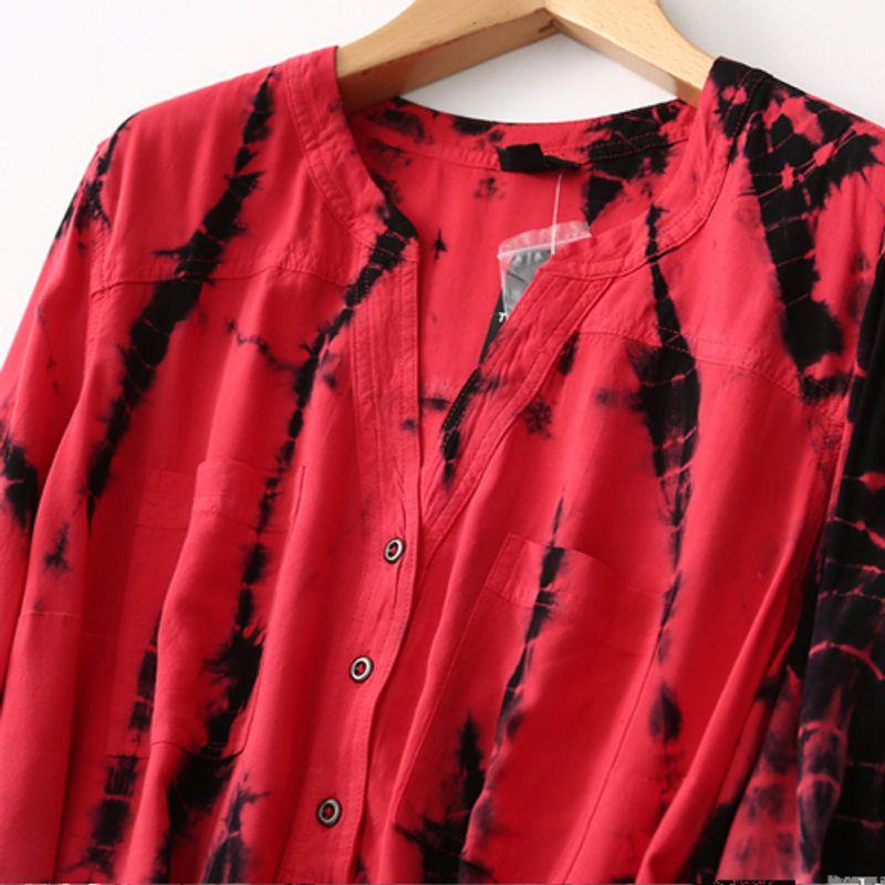 Foreign Trade Plus size women clothing Retro Tie-dye Gradient Color V-neck Loose Cotton Silk Shirts Artificial Cotton Shirt 100.00kg
