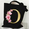 26 Golden Alphabet Floral Tote Bags for Women Large Capacity Canvas Casual New Flower Alphabet Printed Female Reusable Handbag