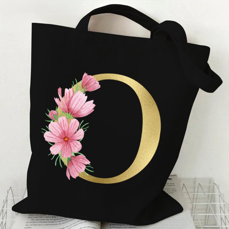 26 Golden Alphabet Floral Tote Bags for Women Large Capacity Canvas Casual New Flower Alphabet Printed Female Reusable Handbag