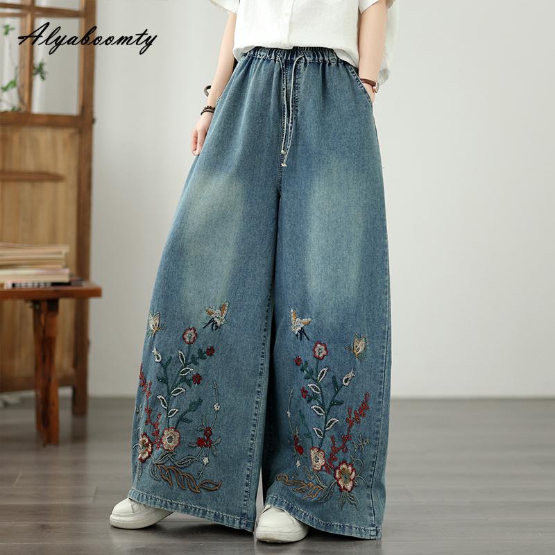 Plus Size Spring Summer Women Wide Leg Jeans Drawstring Elastic Waist Floral Embroidery Casual Loose Denim Pants Vintage Elegant Baggy Ladies' Jeans