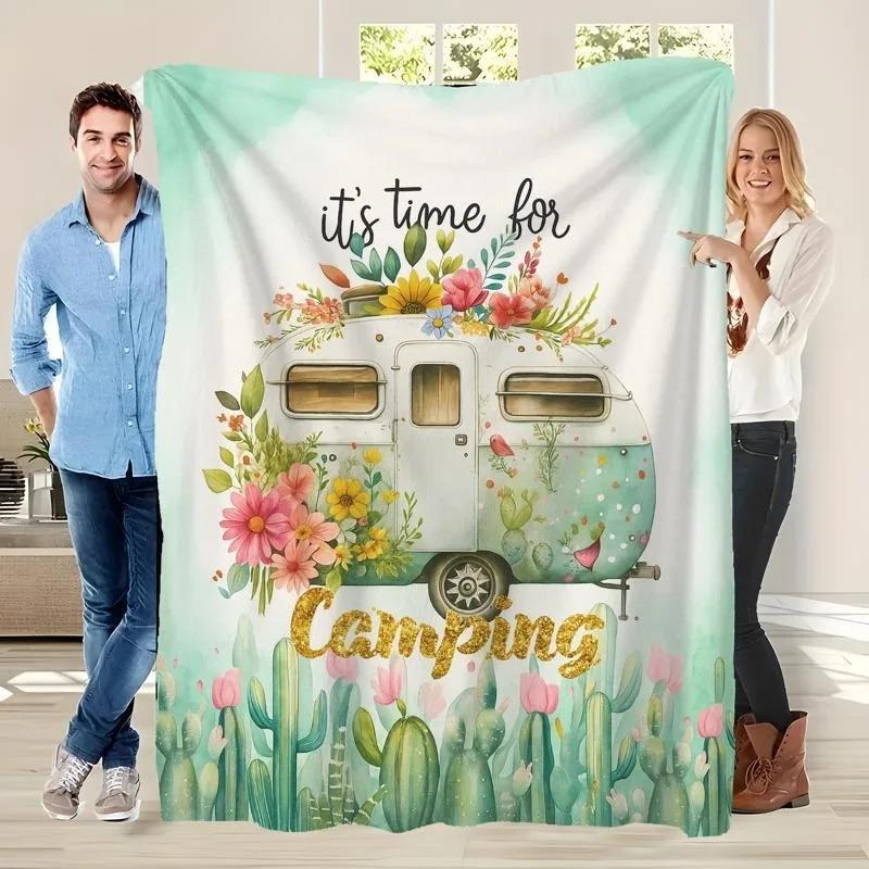 Camping Trailer Blanket Floral Cactus Vintage Print Throw Blanket Soft Flannel Blanket for Couch Bed Sofa Camping Outdoor Lovers