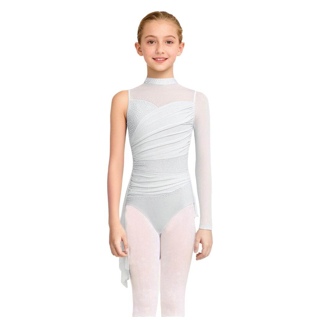 Vestido de Dança Lírica para Meninas Fantasia de Patinação Artística Strass Brilhantes Saia com Sobreposição de Malha Franzida Collant com Saia para Apresentação